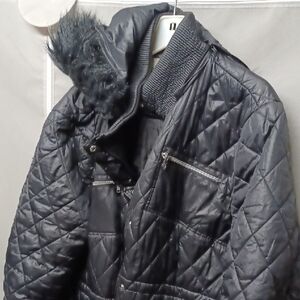 Black Quilted Jacket with Faux Fur Collar